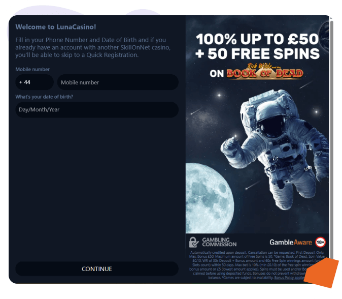 Luna Casino registration screen