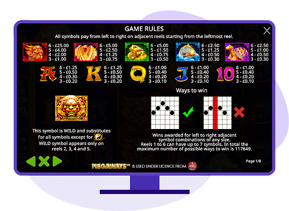 5 Lions Megaways Paytable