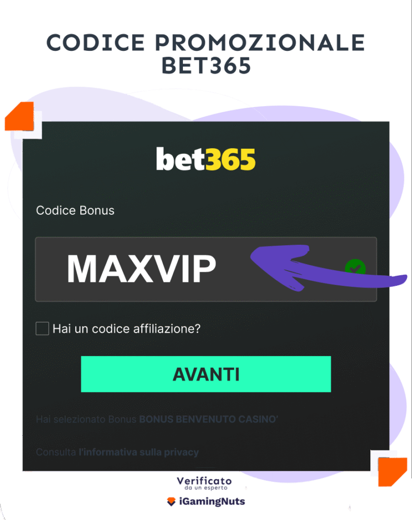 codice bonus bet365
