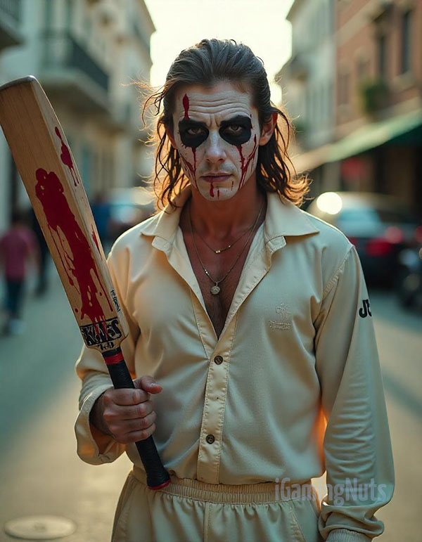 Creepy Cricket Player with Blood-Splattered Bat Halloween Costume