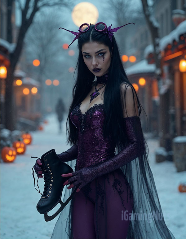 Evil Ice Skater Halloween Costume with Gothic Makeup and Glittery Outfit