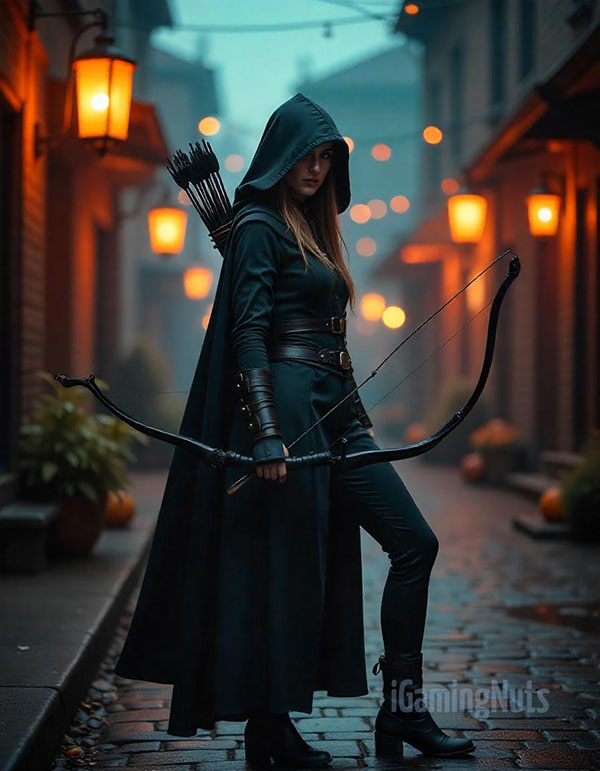 Haunted Archer in Dark Hooded Cloak Halloween Costume