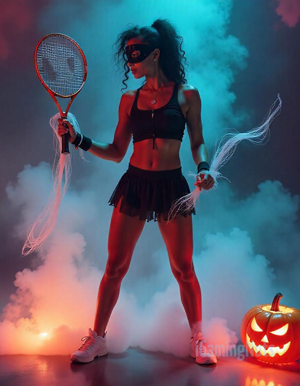 Nightmare Tennis Player Halloween Costume with Cobweb-Wrapped Racket