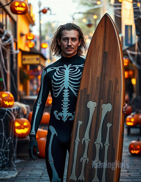 Skeleton Surfer in Black Wetsuit for Halloween 2024